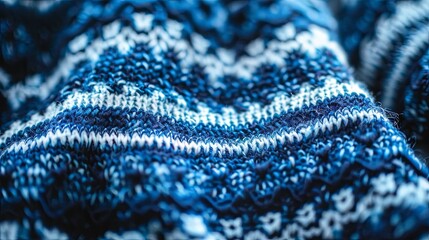 A blue knit sweater with a blue and white pattern