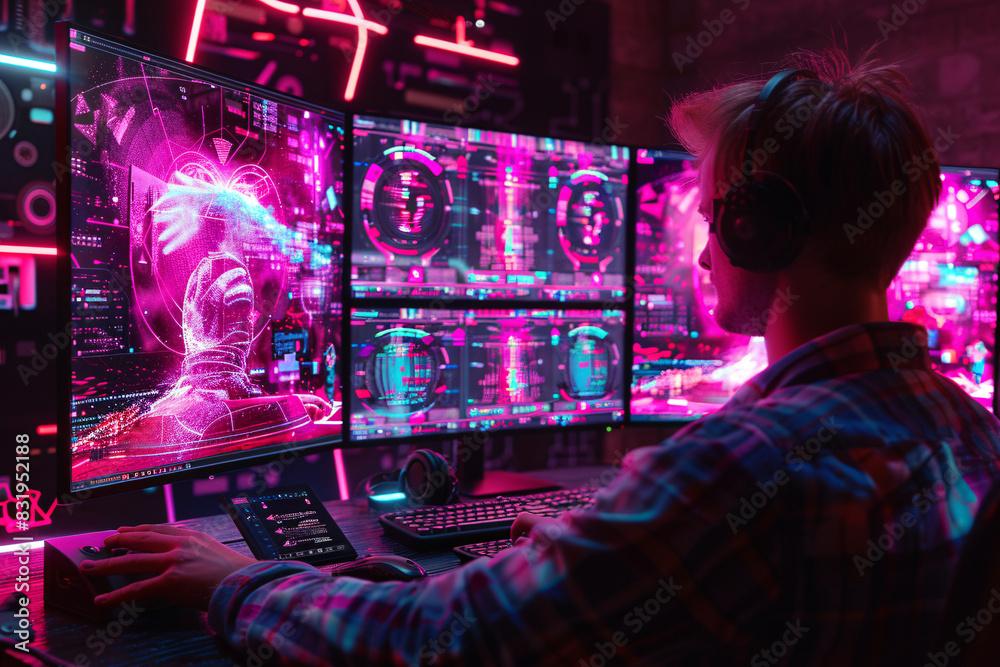 Poster it expert analyzing complex data sets on multiple monitors in a high-tech workspace, illustrating ad
