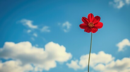 Red flower set against a blue sky