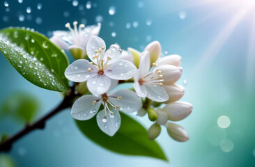 very delicate flowering branch with white flowers with drops of water on a blurry light background