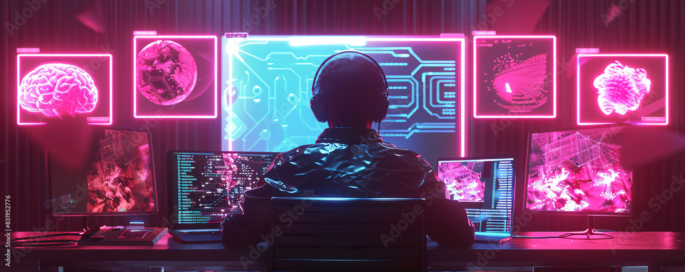 Poster developer working on artificial intelligence projects, typing code on a sleek laptop, surrounded by 