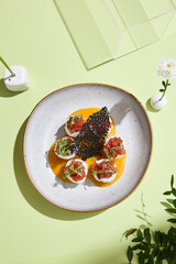 Exquisite Tuna Tartare Sushi Roll with Mango Sauce Elegance. Ideal for gourmet food presentation and culinary artistry