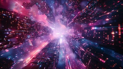 Abstract futuristic cityscape with vibrant neon lights and a cosmic, star-filled background, creating a dynamic sci-fi atmosphere.