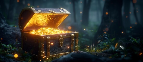 A treasure chest containing shining gold coins in the wilderness. Concept of wealth, discovery, and historical adventures. Treasure chest 3D illustration