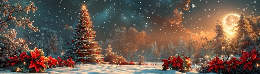 Christmas winter landscape with snow-covered trees and poinsettias under the starry sky, illuminated by the glowing moonlight.