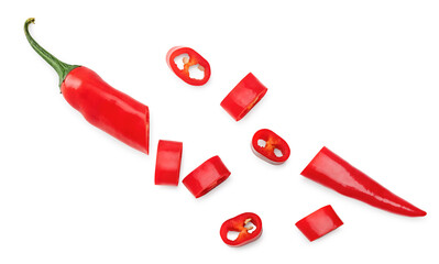 sliced red hot chili peppers isolated on white background. clipping path. top view