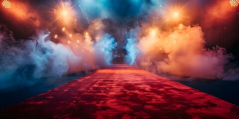 Festive awards ceremony with red carpet spotlights and smoke effects. Concept Celebrity Event, Red Carpet Glamour, Award Show Vibes, Smoke Effects, Star-Studded Fête