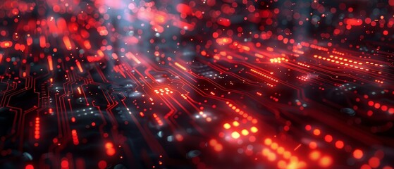 Obraz premium Abstract digital technology background with glowing red and black lights resembling a futuristic circuit board or data flow.