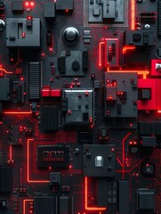 newsletter for a modern industrial microchip high tech circuit board factory, business photo, cinematic, red gray and black accents