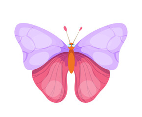 Cute bug icon. Hand drawn sticker with adorable butterfly with beautiful pink wings. Child drawing with spring insect flowers pollinator. Cartoon flat vector illustration isolated on white background