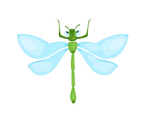 Cute bug icon. Colorful sticker with charming flying dragonfly with long body and wings. Charming spring garden insect. Cartoon flat vector illustration isolated on white background