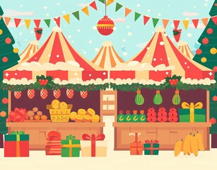 A cheerful, market background with stalls, colorful products, and festive decorations.