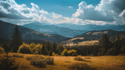 there is a field with a horse in it and mountains in the background