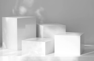 Four modern white geometric cuboid podium in dappled sunlight, leaf foliage shadow for organic luxury beauty, skincare, cosmetic, body care product display background 3D