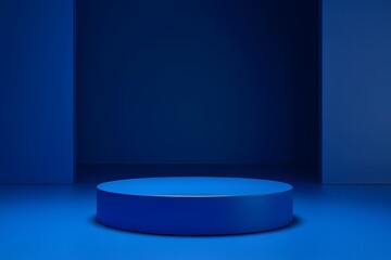 Minimalist blue background for product presentation with empty round circular podium, dark studio with soft lighting and shadows in the style of an empty round circular podium, dark studio with soft l