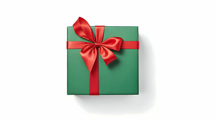Green gift box with red ribbon isolated on white background