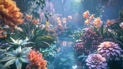 Tranquil Floral Oasis: Towering 3D walls encase a floral oasis within the surreal garden, offering respite amidst the dreamy landscape.