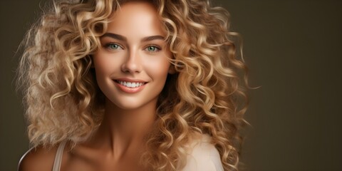 Fototapeta premium Gorgeous Blonde Curls: A Beautiful Reflection of Self-Care and Beauty. Concept Blonde Curls, Self-Care, Beauty Reflection