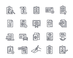 Set of Legal document line icons. Simple symbols with passport, resume, driver license, visa, contract and certificate. Editable stroke. Outline flat vector collection isolated on white background