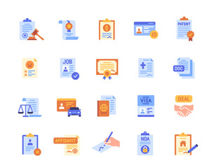 Set of Legal document colorful icons. Bright sign with contract, ID card, patent, passport and license. Design elements for app and website. Cartoon flat vector collection isolated on white background