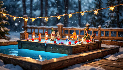 Décorations de Noël lumineuses autour d'un bassin par un soir d'hiver neigeux