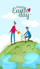 Earth Day card. Characters plant trees and take care of nature. Man and woman watering plants and protecting environment. Preserving ecology and reducing emissions. Cartoon flat vector illustration