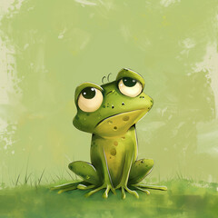 there is a cartoon frog sitting on the grass with a sad look