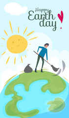 Earth Day card. Poster with man collecting garbage and protecting planet from emissions and pollution. Caring for nature, preserving environment and zero waste. Cartoon flat vector illustration