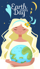 Mother Earth Day card. Poster with happy smiling girl hugging planet or globe. Protecting nature, caring for environment and sustainable lifestyle. Ecological problem. Cartoon flat vector illustration