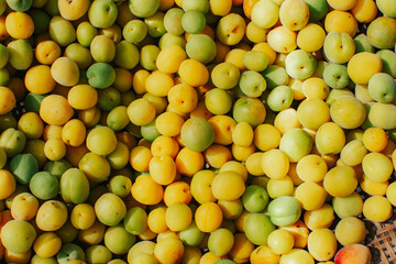 Top view of fresh organic plums (Japanese apricot). Fresh plums (Japanese apricot) background. 