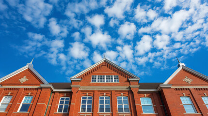 Obraz premium Classic red brick school building with gabled roofs under a cloudy blue sky presents a traditional educational setting