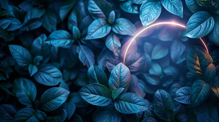 Neon Light glowing circle and around the outside of the circle green Tropical Leaves abstract the background.