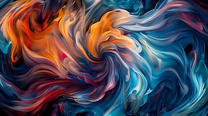 A colorful abstract painting with a blue and orange swirl