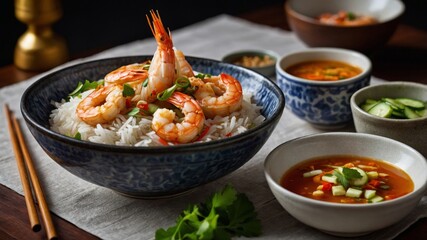 steaming bowl of shrimp and Thai Tom Yum Soup its rich broth swirling with an array of colorful spices Generative AI