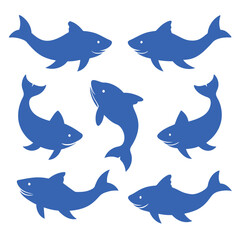 Set of Blue Catfish animal black silhouettes vector on white background