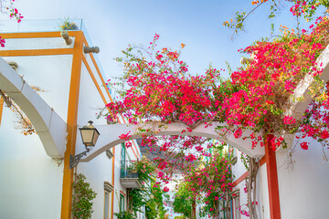 Summer Flowery Blooming Street in the Harbor Area of Puerto de Mogan at Daytime at Gran Canaria in...
