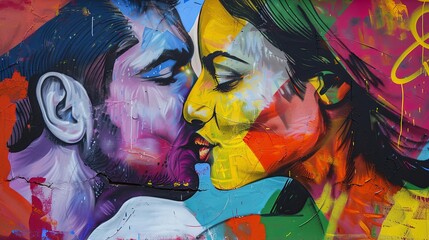 A colorful painting of a man and woman kissing