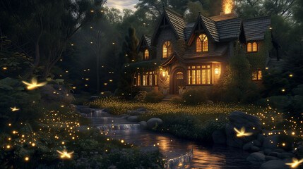 there are many fireflies flying around a house in the woods
