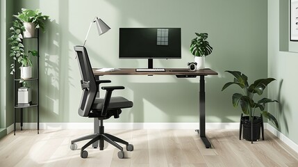 A computer desk with a green plant in the corner and a chair