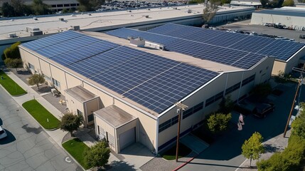 Large warehouse with solar panels on the roof