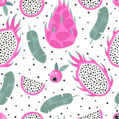Seamless pattern with dragon fruit and berries.