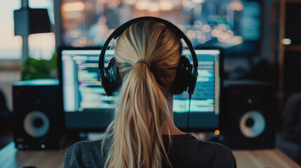 Focused woman coding while listening to music