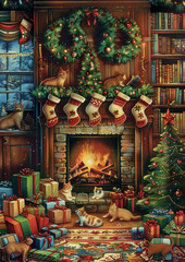 christmas fireplace scene with cats and presents in front of a fireplace