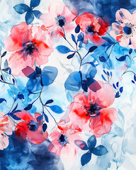 Watercolor Red and Blue Florals Background
