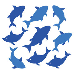 Set of Blue Catfish animal black silhouettes vector on white background