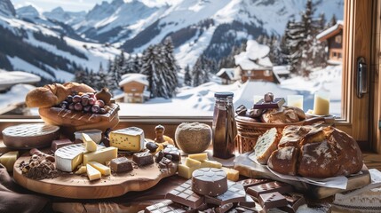 A Swiss chalet kitchen with artisanal chocolates, cheeses, and fresh bread, set against snow-covered mountains.