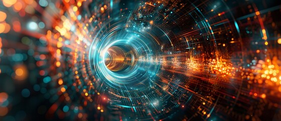 A colorful, abstract image of a tunnel with a blue light shining through it