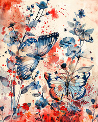Watercolor Red Blue Floral and Butterflies Background