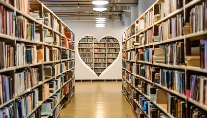 A heart made of books, nestled among towering shelves in a quiet library.