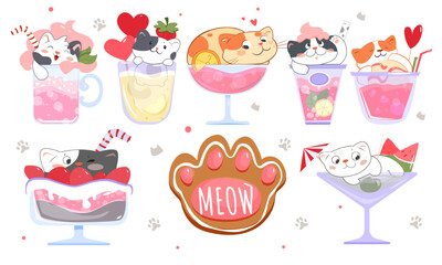Set of summer cocktails with cute kittens. Kawaii cats in glasses with refreshing drinks, fruit juices, smoothies, soda. Beverage with pet. Cartoon flat vector collection isolated on white background